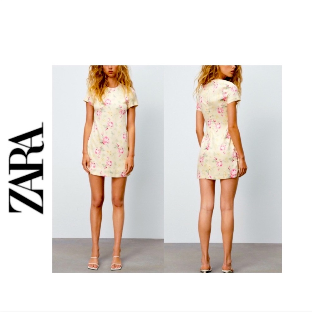 NWT Zara Satin Effect Floral Short Sleeve Cut Out Slit Mini Dress